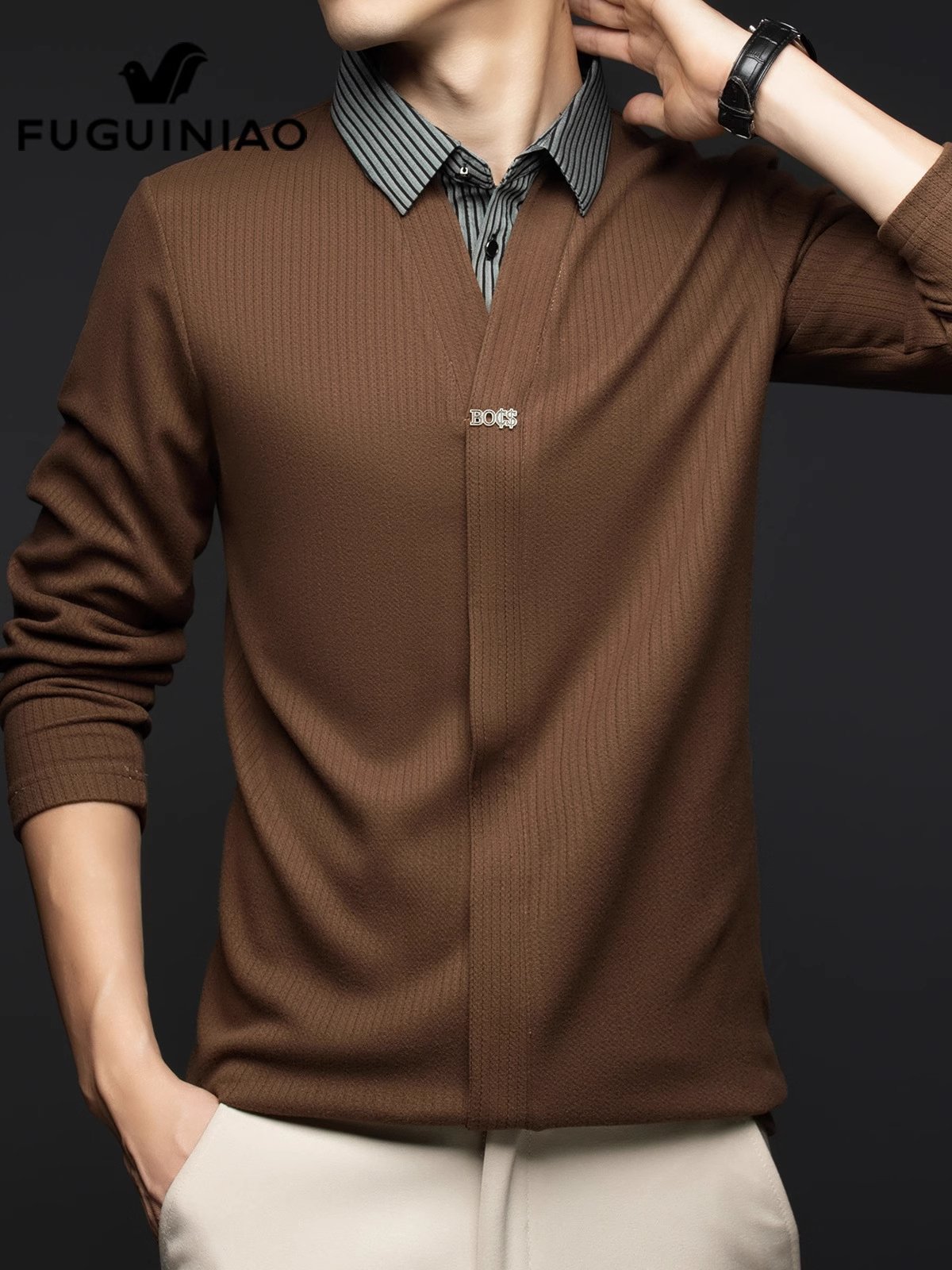 富贵鸟男士衬衫长袖t恤