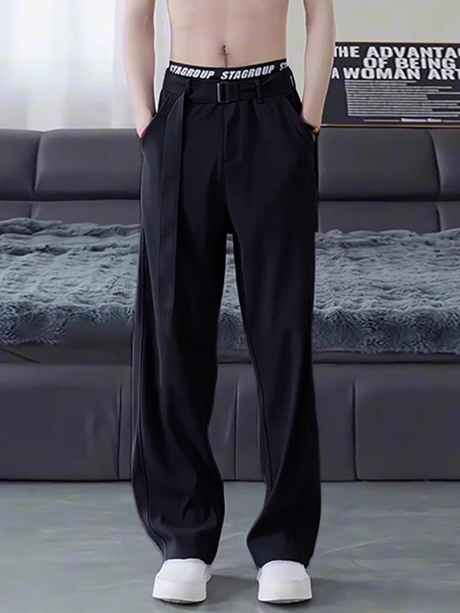 黑色垂感休闲西裤男款高级感腰带弯刀裤子那