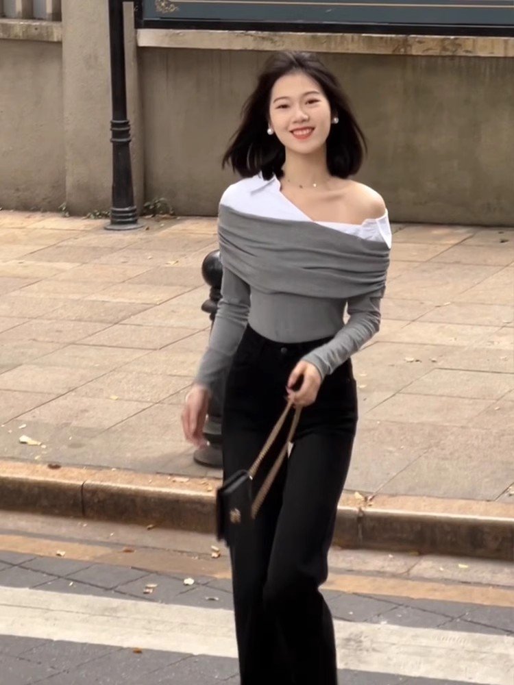 韩系灰色假两件一字肩长袖t恤女春季秋高级