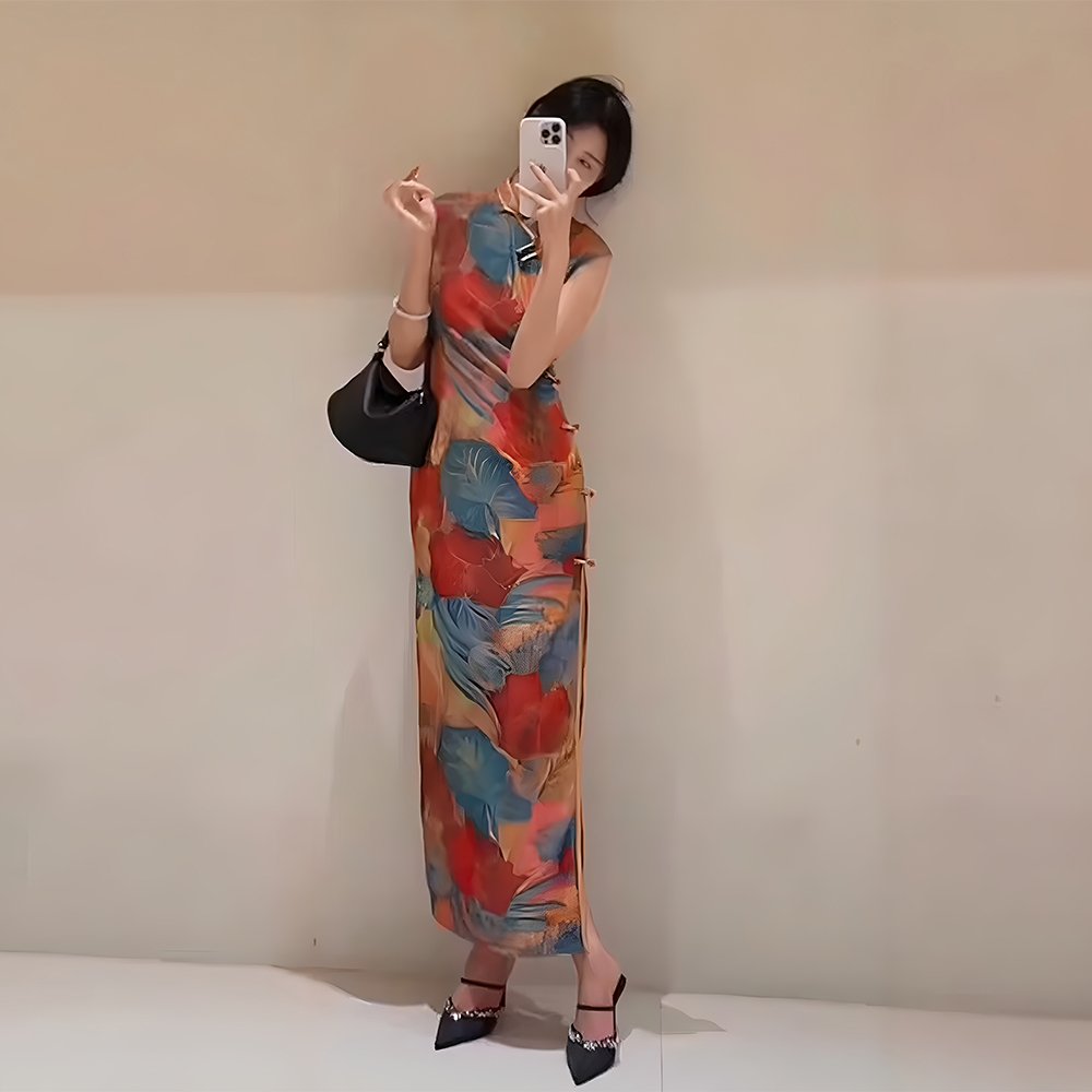 春季高级感超好看印花连衣裙新中式国风旗袍