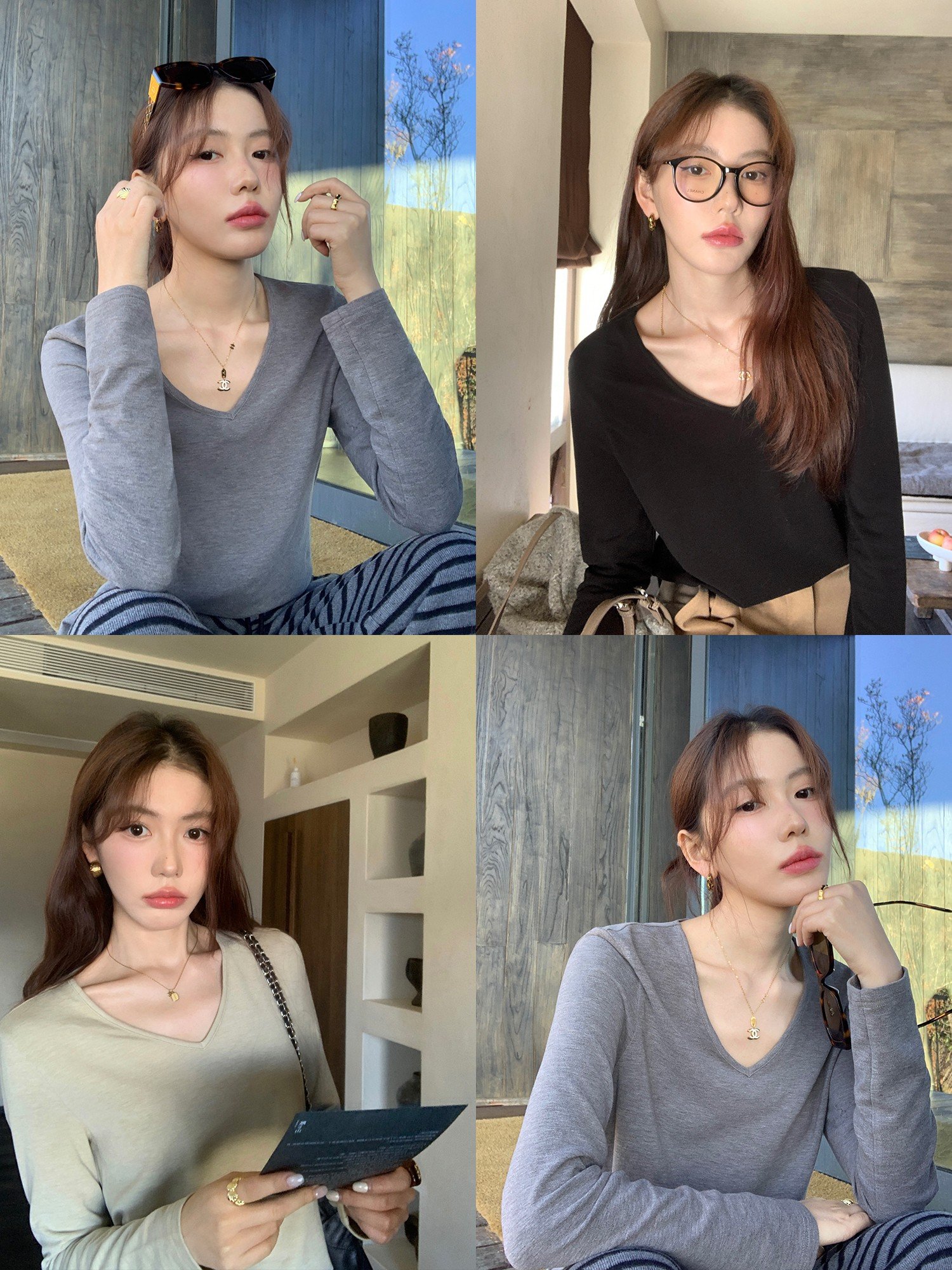 pusumede磨毛v领针织衫t恤女