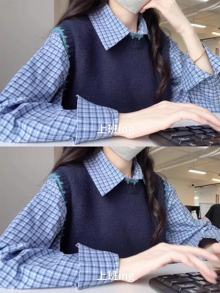 韩系蓝色格子polo领衬衫外套女早春外搭