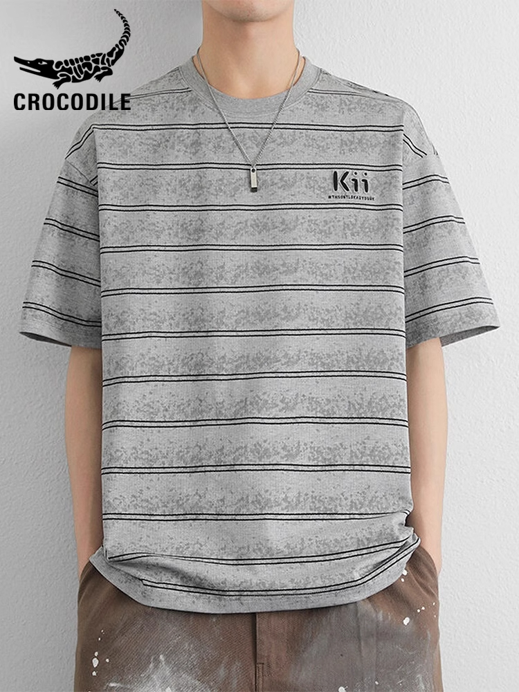 鳄鱼恤夏季薄款条纹印花短袖t恤男