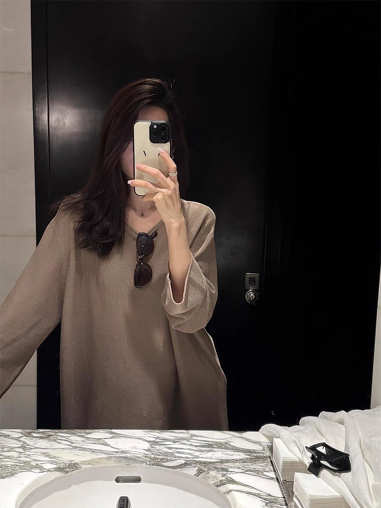 美式复古咖色长袖正肩t恤女春秋季小个子独
