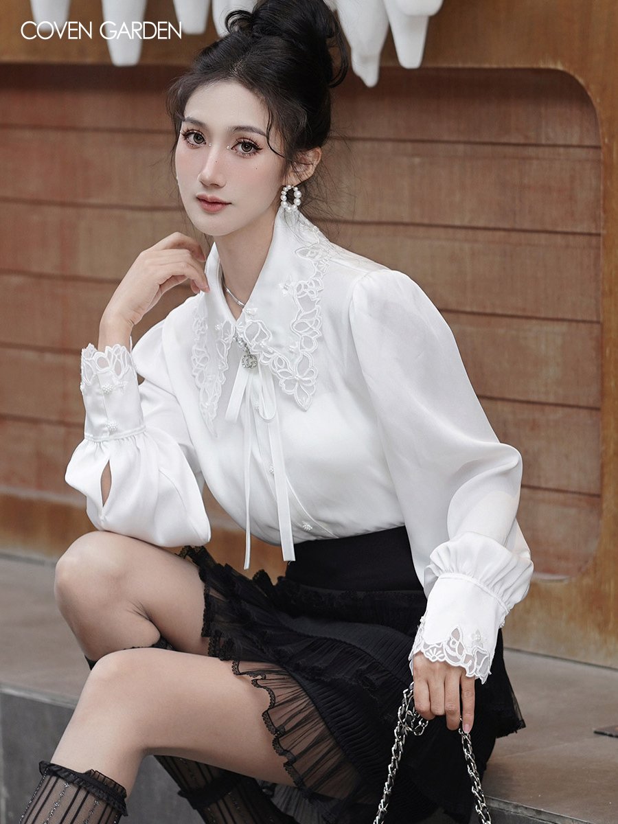 哥文花园秋季新款欧根纱刺绣缎面雪纺白衬衫
