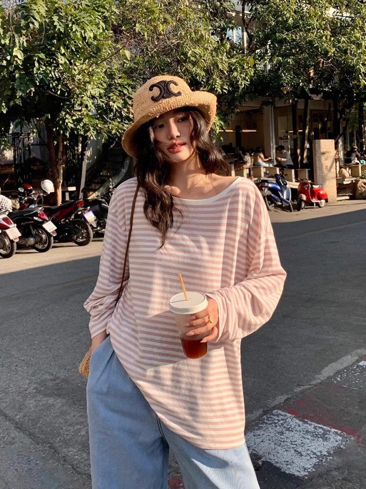 韩系粉色条纹圆领长袖t恤罩衫女夏季吊带外