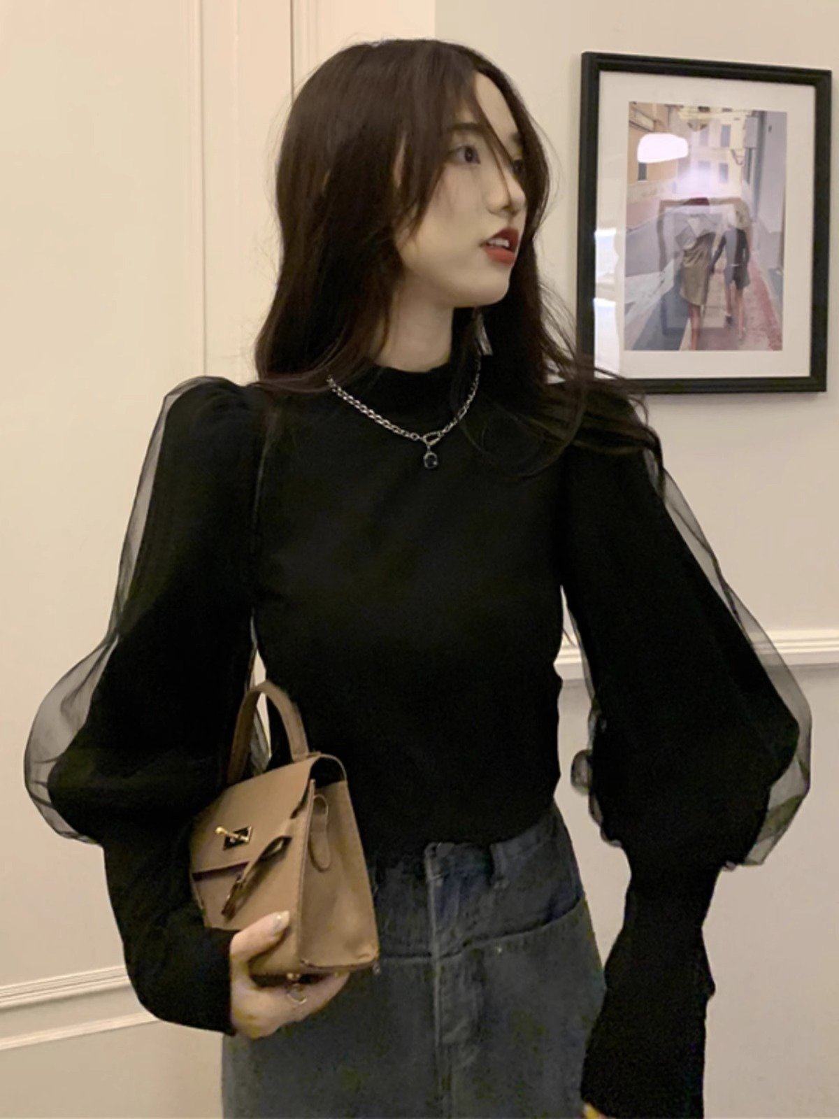 黑色半高领打底衫女春秋2024年新款内搭