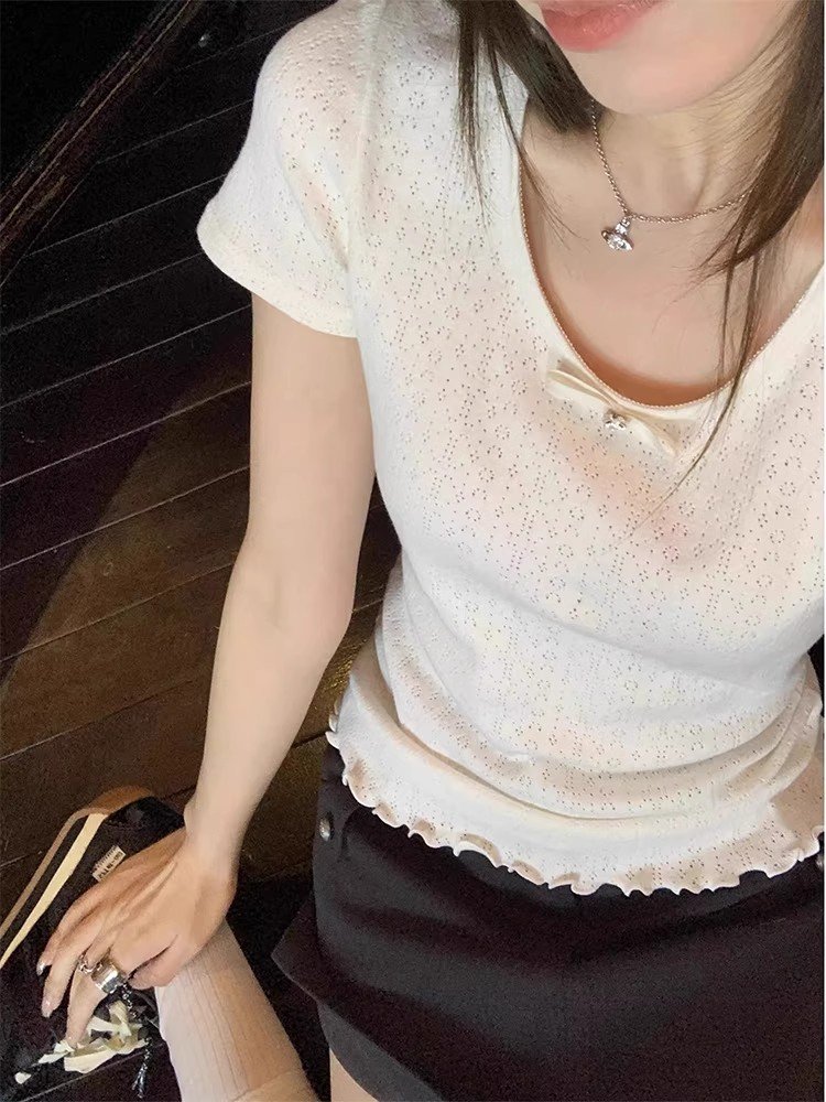 法式蝴蝶结针织冰丝木耳边短款上衣女夏季独