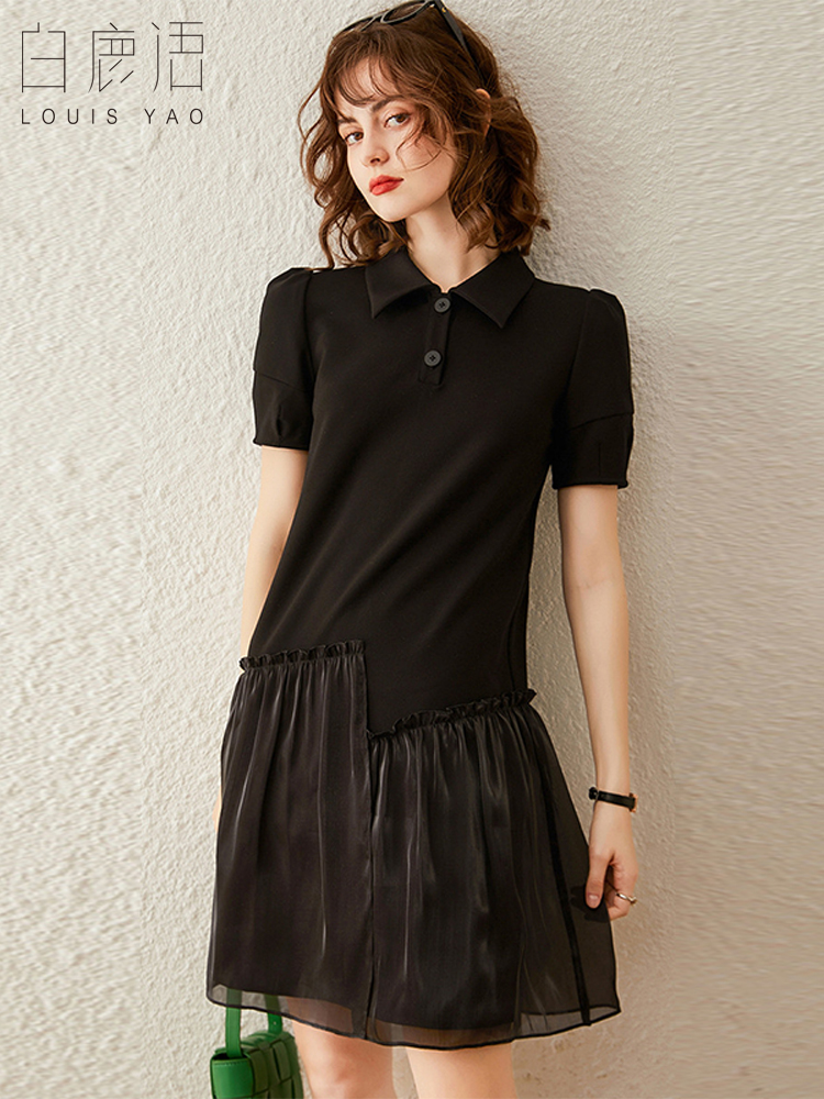 白鹿语不规则拼接女裙子夏款优雅气质翻领泡泡袖中长款连衣裙