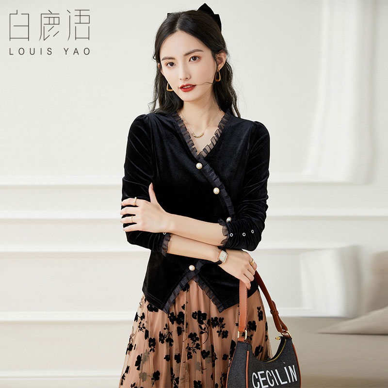 白鹿语木耳花边拼接衬衫春季新款时尚复古优雅V领丝绒女式衬衣