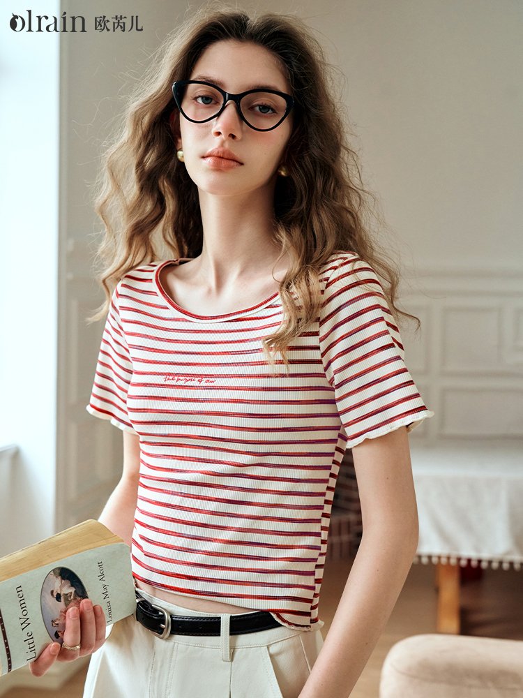 方领条纹时尚休闲短袖针织衫T恤