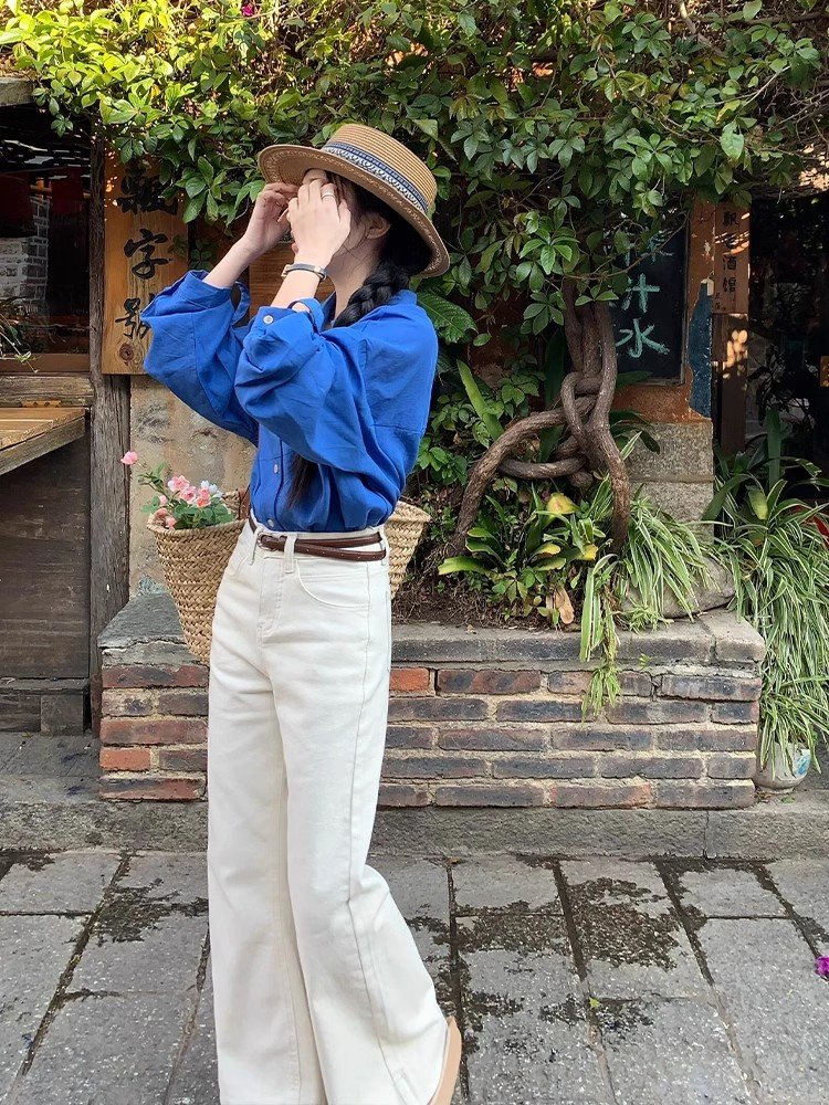 法式气质蓝色短款polo领衬衫女早春外搭