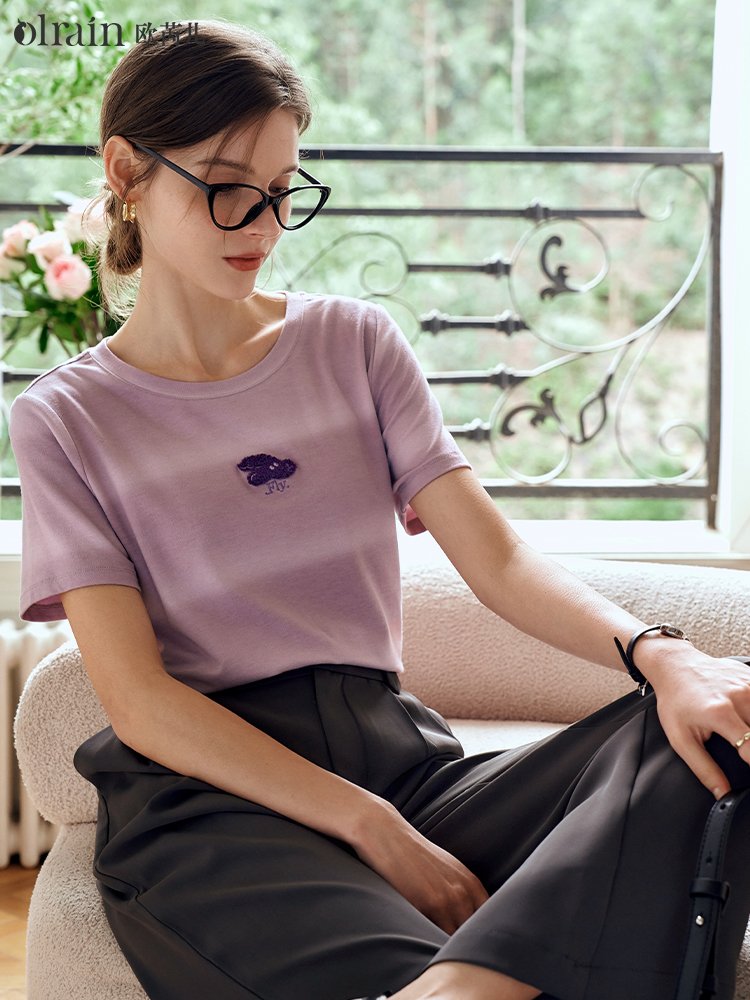 渐变正肩刺绣短袖T恤