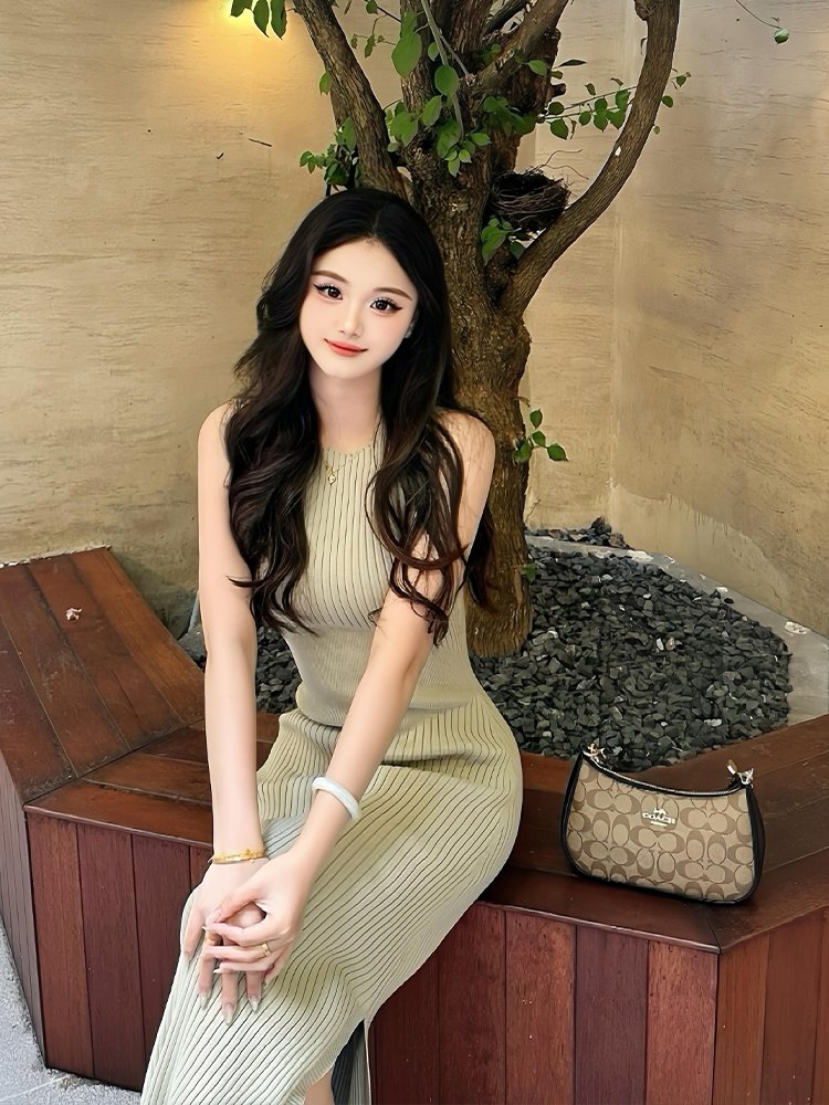 茶歇法式无袖背心针织连衣裙