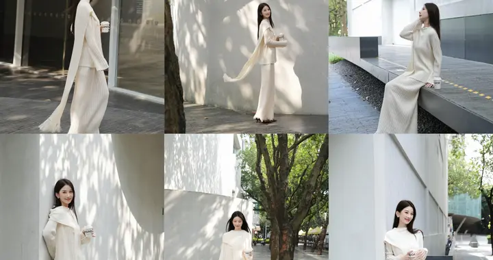 广东女生秋天街拍！白针织套装8个动作，温柔高级
