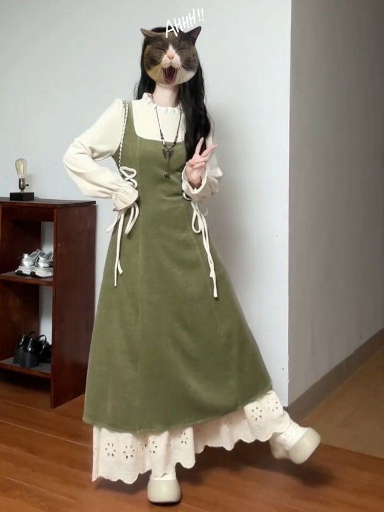 绿色假两件连衣裙高级感过新年内搭打底长裙