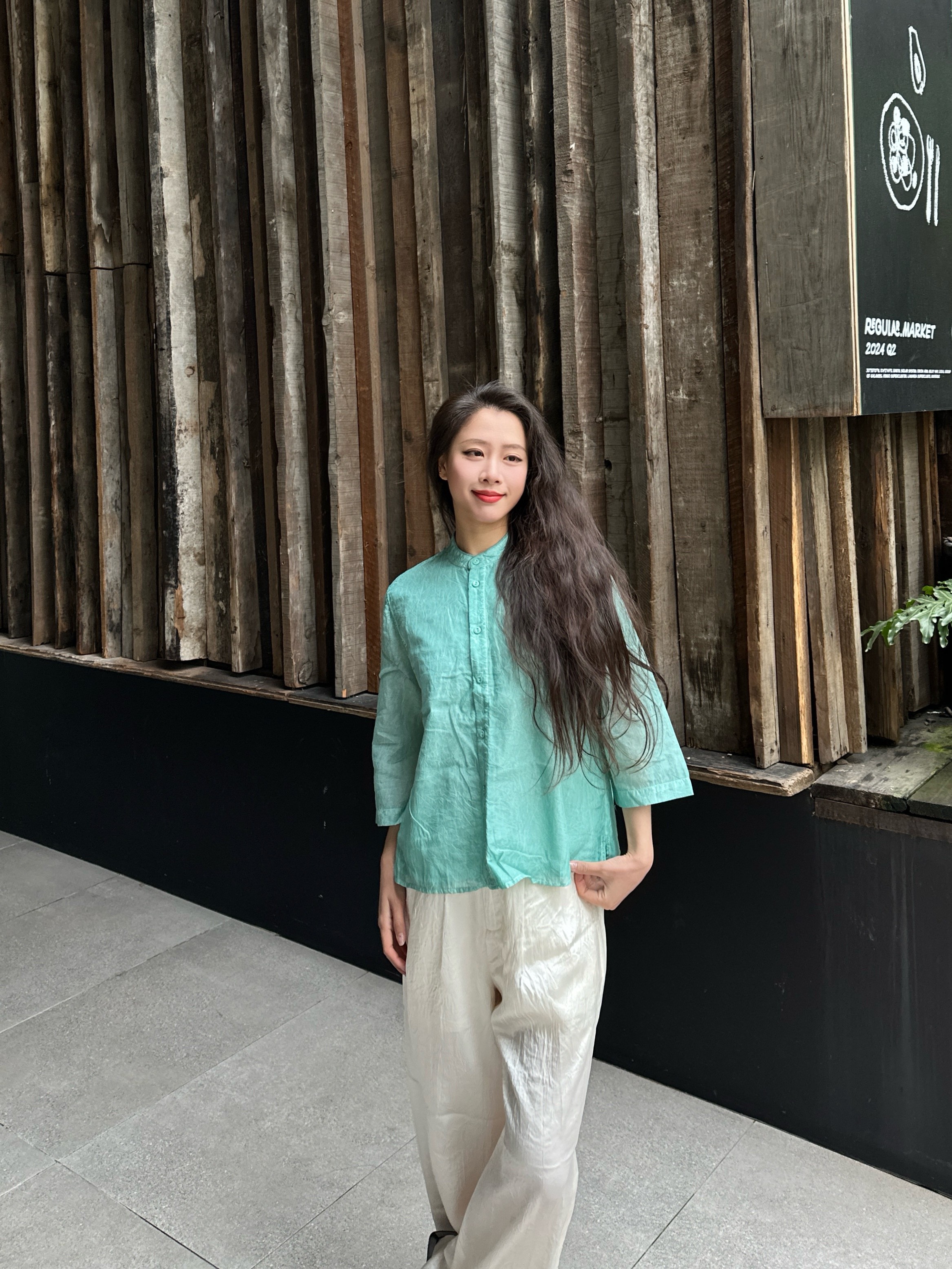 茶愫丝棉立领薄衬衫女七分袖上衣