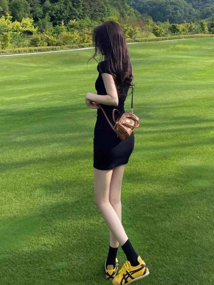 辣妹黑色飞飞袖短袖t恤连衣裙女夏季小个子