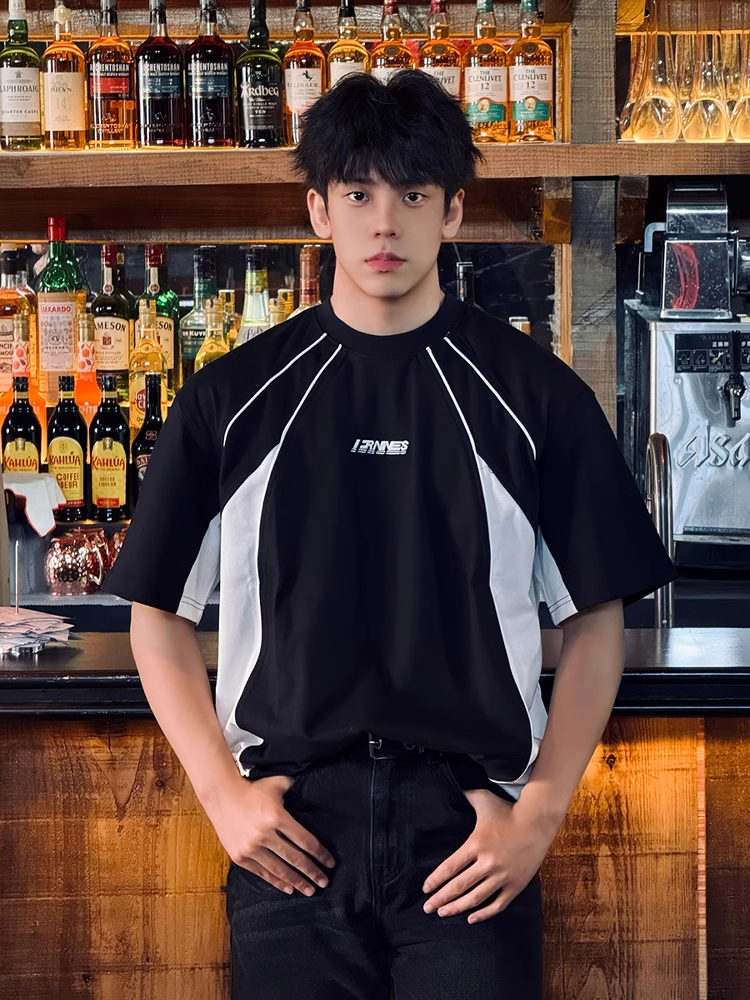 黑白拼接字母绣花t恤男夏季男生酷帅机车短