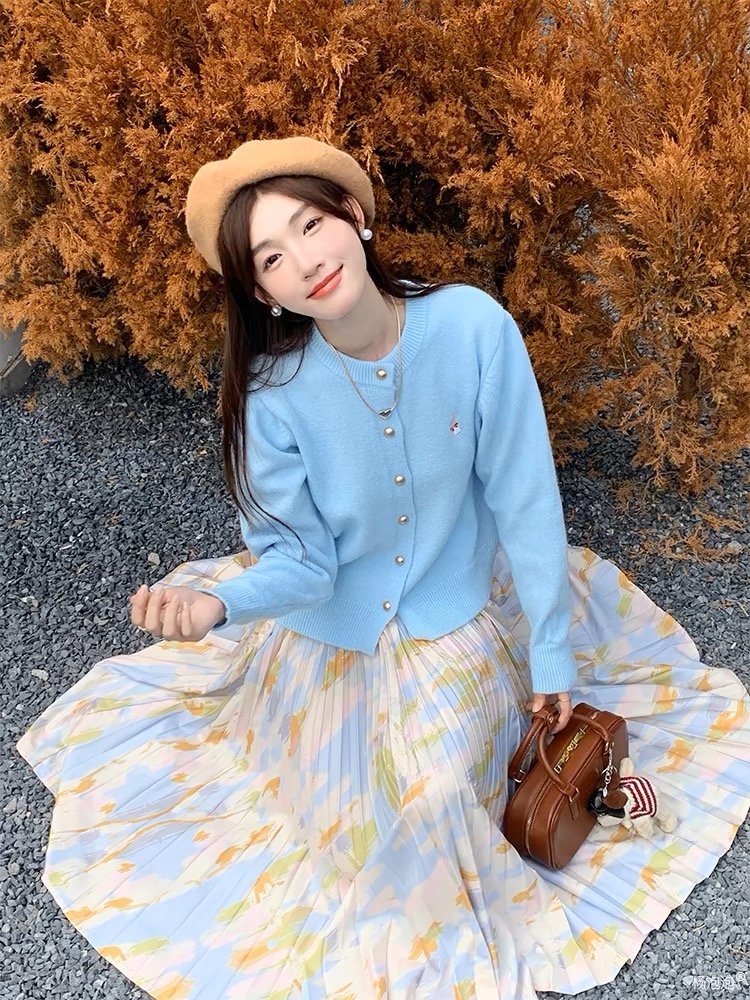 入秋穿搭一整套装女蓝色针织开衫半身连衣裙