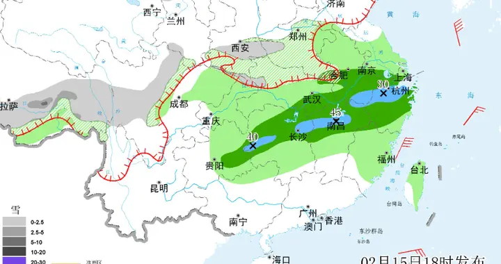 本轮降雨雪范围形势改变，主要分布如下，今天夜间~2月17日天气！
