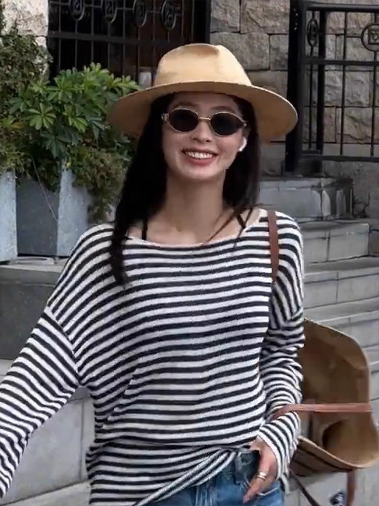 韩系黑白条纹长袖正肩针织t恤女早春小个子