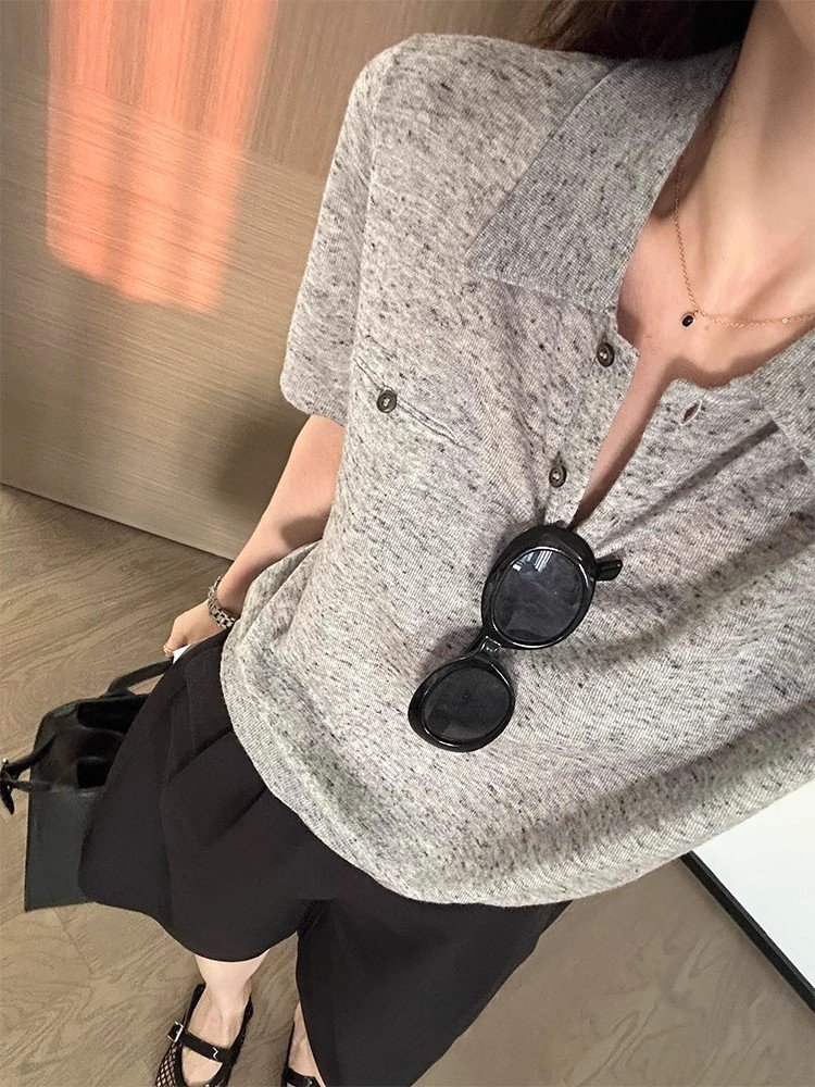 法式灰色冰丝针织POLO衫短袖正肩t恤女