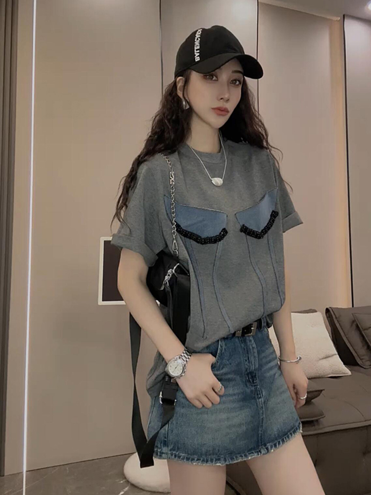 独特超好看小上衣设计感灰色正肩短袖t恤女
