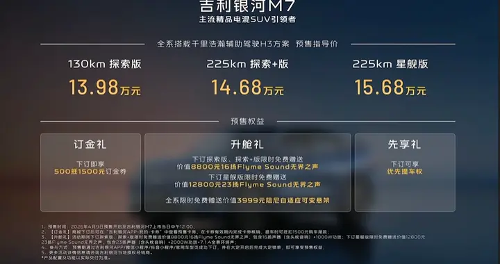 13.98万起！续航1730km油耗3.35L，吉利银河M7开启预售