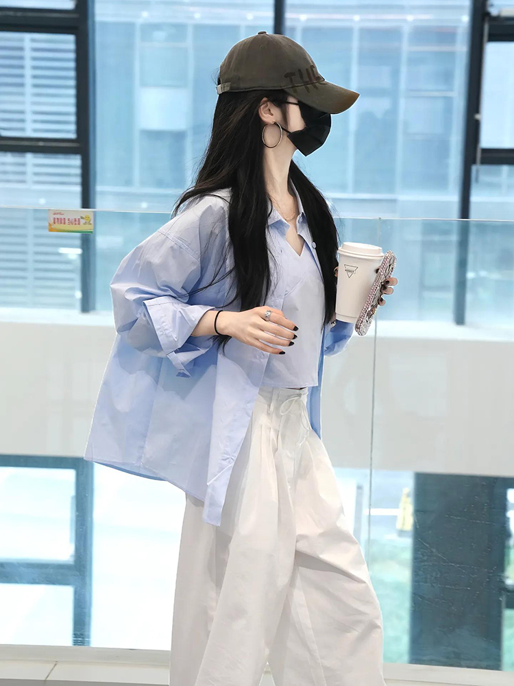 高级感轻奢减龄洋气宽松蓝色防晒衬衫