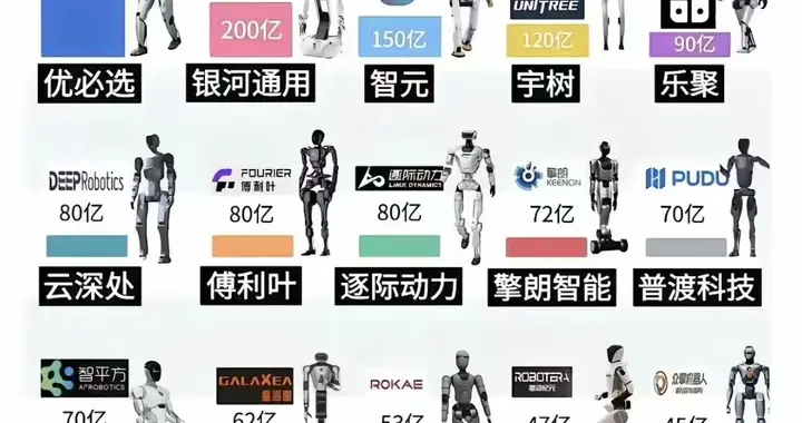 中国人形机器人估值排名TOP20