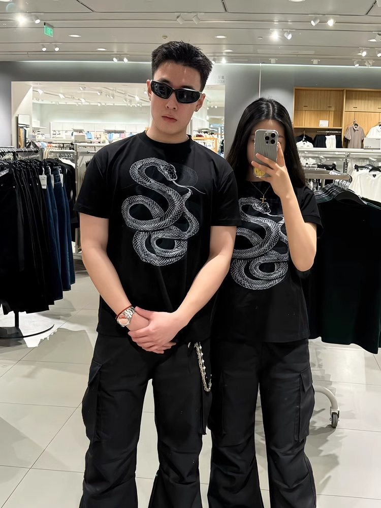 蛇年限定黑色蛇纹正肩短袖男夏季重磅小领口