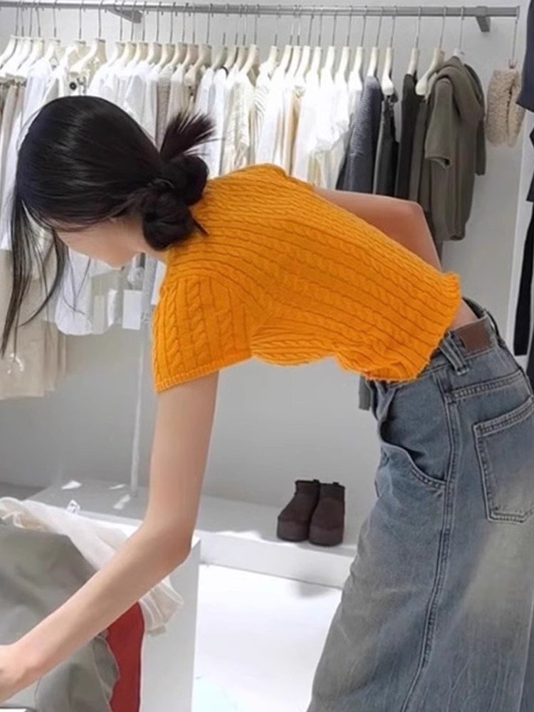 韩系设计感橘色麻花针织冰丝短袖正肩t恤小