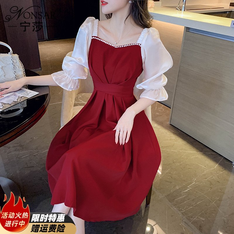 雪纺拼接连衣裙子法式公主风