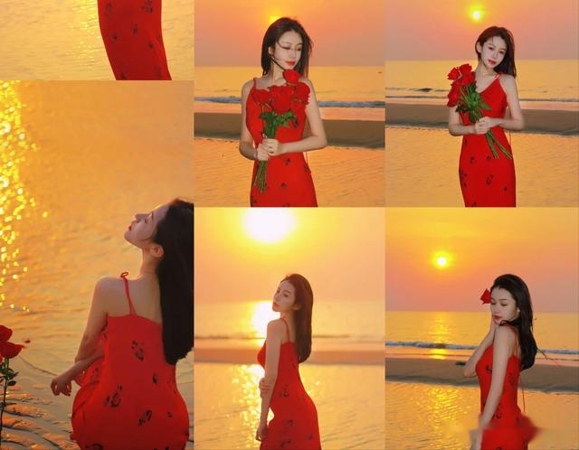 红裙旭日，9个海边拍照动作，优雅有韵味，夏天的你要美起来