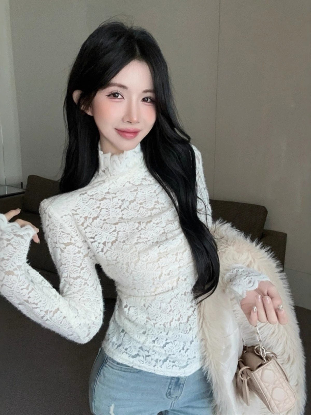 性感白色蕾丝半高领打底衫打底衫女冬季内搭