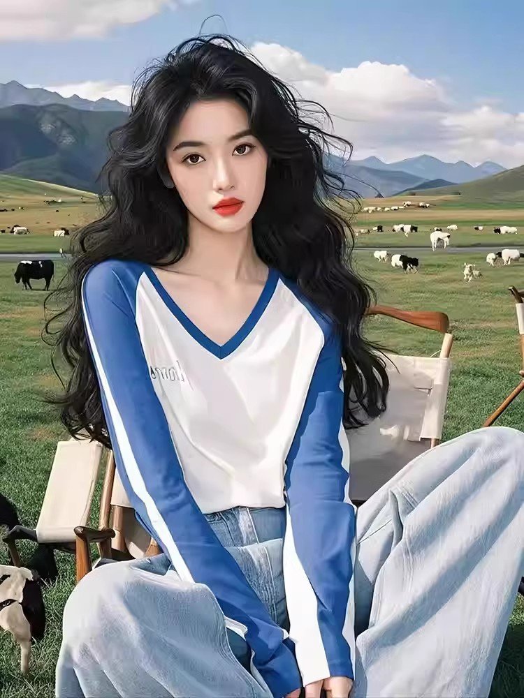 蓝白拼色长袖t恤女2025新款春装韩版穿