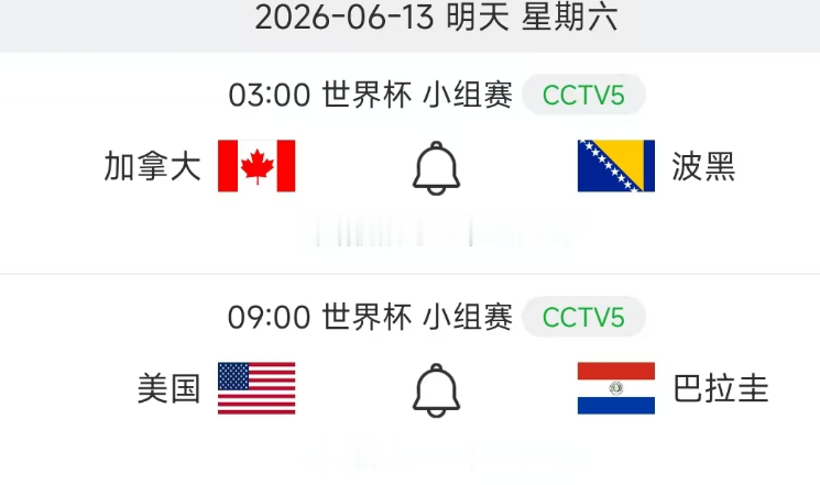 北京时间6月13日，世界杯小组赛B组、D组两场赛程安排如下，CCTV5...