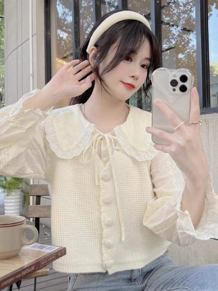 法式复古娃娃领衬衫秋季小个子甜美宽松开衫