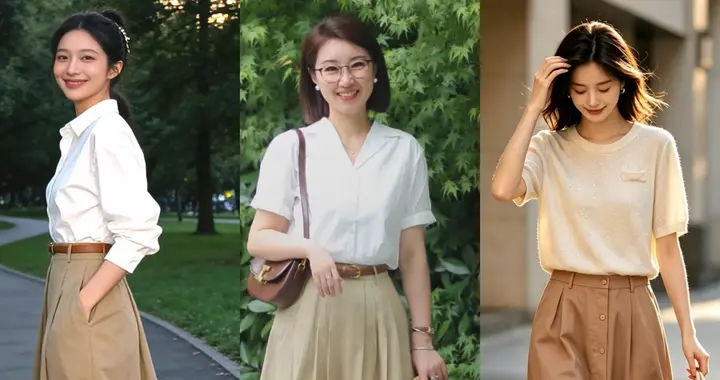 原来卡其色半裙秋季这么实穿，40+女性选对版型和公式，耐看高级