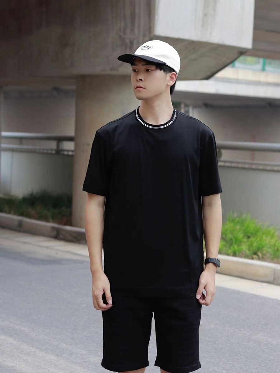 阿玛尼男士莱赛尔饰边圆领短袖T恤