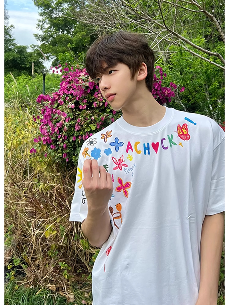 美式高街涂鸦印花短袖男款夏季小众设计感