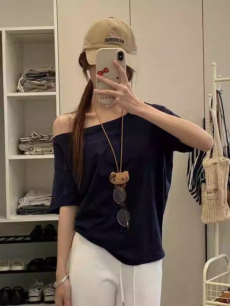 美式复古藏蓝色斜肩短袖t恤女夏季小个子宽