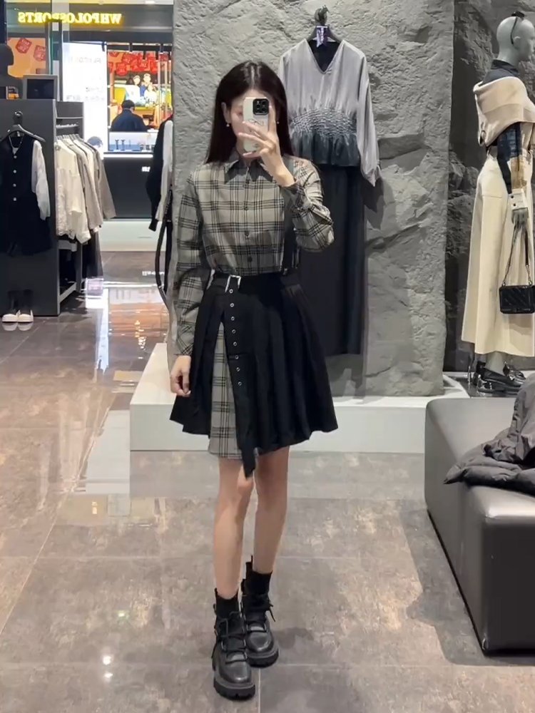 独特假两件格子衬衫长袖连衣裙子