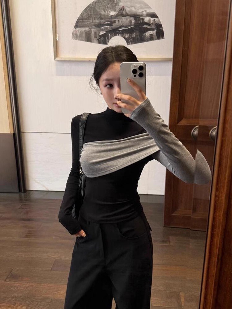 法式黑色半高领正肩长袖针织t恤女春秋小众