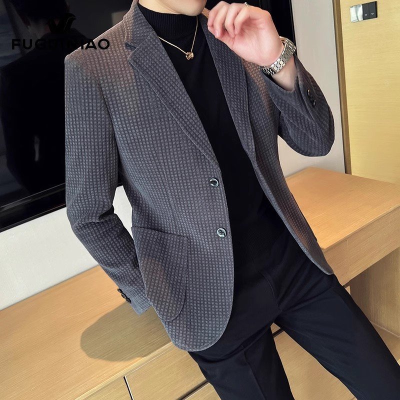 华夫格西装外套男士高级感单西休闲西服男装