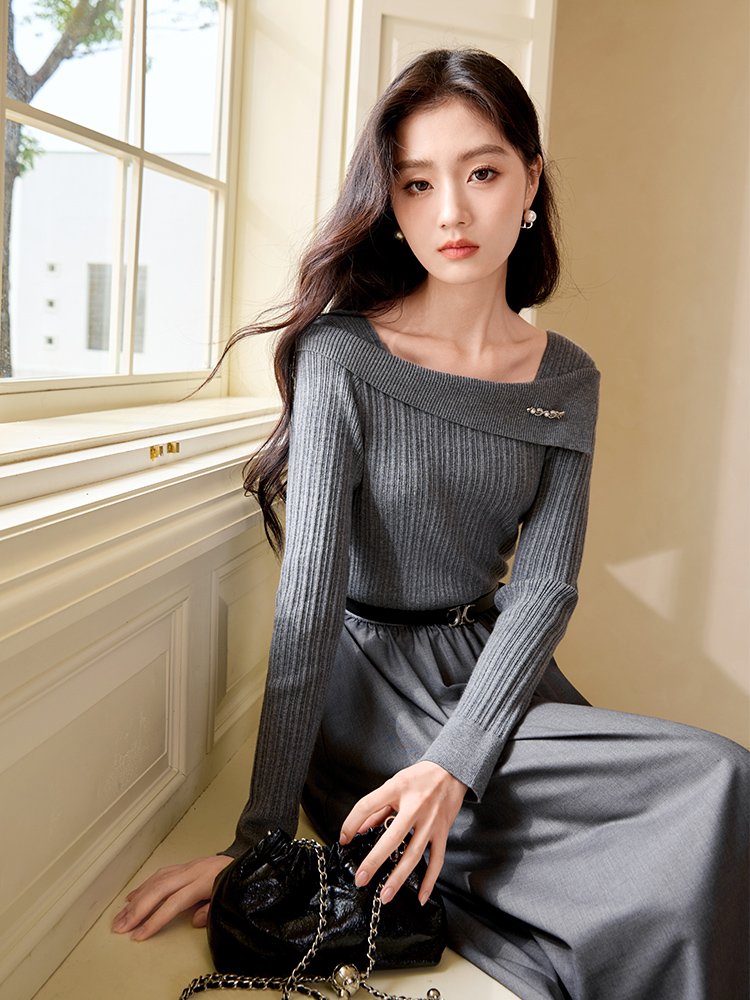 香影灰色一字肩连衣裙女
