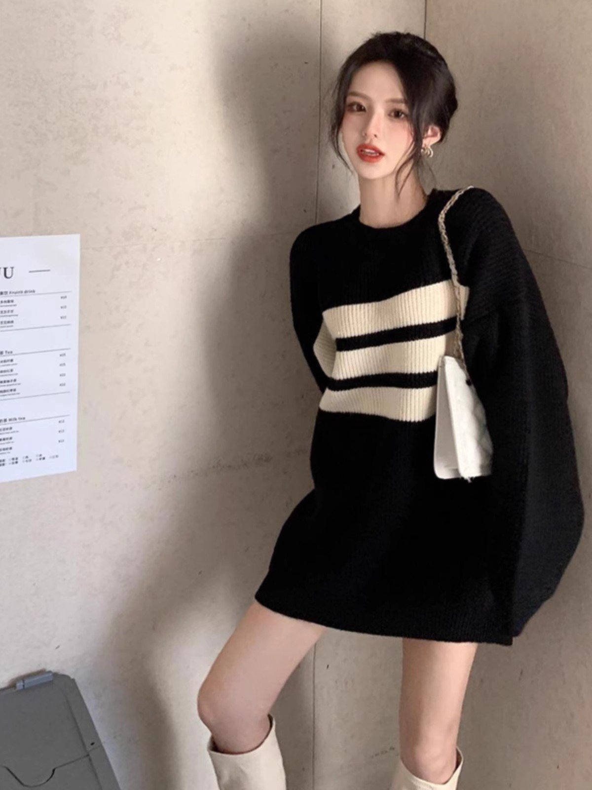 法式内搭黑色长袖针织连衣裙女早秋2024