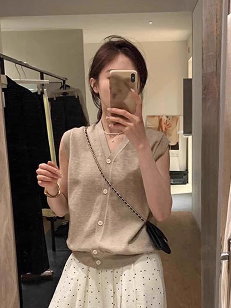 卡其色冰丝v领正肩无袖t恤女薄款夏季小个