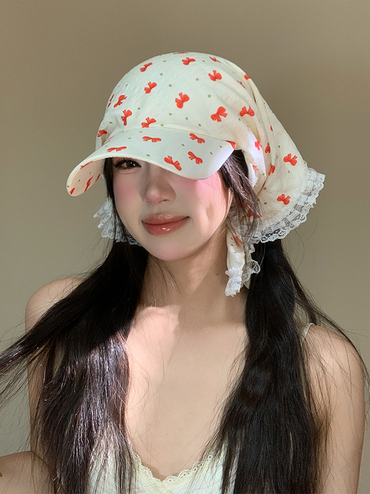夏季法式红色蝴蝶结蕾丝花边三角巾包头帽